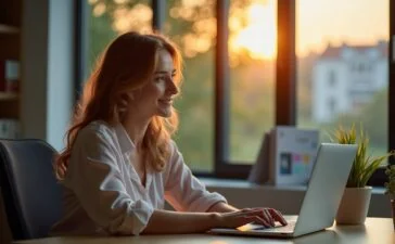 Ein hell erleuchtetes, modernes Büro mit entspannt lächelnder Frau, die nachdenklich vor einem Laptop sitzt, umgeben von warmem Tageslicht und minimalistischer Technik, das Zusammenspiel von menschlicher Neugier und komplexer KI-Entwicklung spiegelnd.