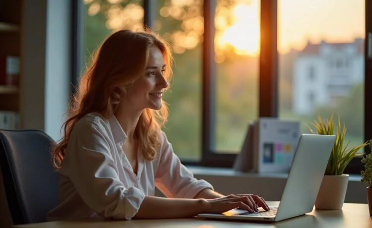 Ein hell erleuchtetes, modernes Büro mit entspannt lächelnder Frau, die nachdenklich vor einem Laptop sitzt, umgeben von warmem Tageslicht und minimalistischer Technik, das Zusammenspiel von menschlicher Neugier und komplexer KI-Entwicklung spiegelnd.