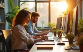 Ein warmes, sonnendurchflutetes Büro mit jungen Menschen unterschiedlichster Herkunft, die konzentriert an modernen Computern und Tablets arbeiten, umgeben von Pflanzen und klaren Fenstern, die eine positive Atmosphäre von Innovation, ethischer Verantwortung und digitaler Transformation ausstrahlen.