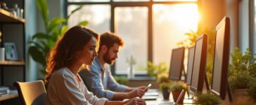 Ein warmes, sonnendurchflutetes Büro mit jungen Menschen unterschiedlichster Herkunft, die konzentriert an modernen Computern und Tablets arbeiten, umgeben von Pflanzen und klaren Fenstern, die eine positive Atmosphäre von Innovation, ethischer Verantwortung und digitaler Transformation ausstrahlen.