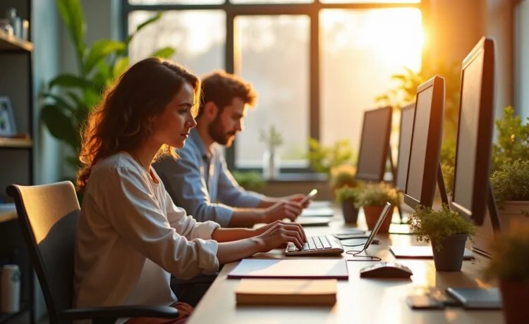 Ein warmes, sonnendurchflutetes Büro mit jungen Menschen unterschiedlichster Herkunft, die konzentriert an modernen Computern und Tablets arbeiten, umgeben von Pflanzen und klaren Fenstern, die eine positive Atmosphäre von Innovation, ethischer Verantwortung und digitaler Transformation ausstrahlen.