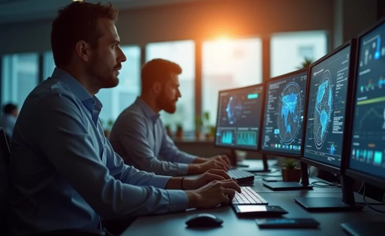 Ein heller, natürlich beleuchteter Büroraum zeigt konzentrierte IT-Sicherheitsexperten in moderner Arbeitsatmosphäre vor Bildschirmen mit komplexen Netzwerk- und Cyberabwehr-Visualisierungen, während warmes Tageslicht durch große Fenster fällt und Vertrauen sowie professionelle Entschlossenheit vermittelt.