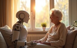 Ein strahlend heller, natürlicher Moment in einem modernen Wohnzimmer: Ein freundlicher humanoider Roboter mit fein gearbeiteten mechanischen Details interagiert lächelnd und mit warmem Blick auf Augenhöhe mit einer älteren Frau, während sanftes Tageslicht durch große Fenster fällt und eine harmonische Atmosphäre voller Vertrauen und Zuversicht schafft.