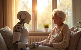 Ein strahlend heller, natürlicher Moment in einem modernen Wohnzimmer: Ein freundlicher humanoider Roboter mit fein gearbeiteten mechanischen Details interagiert lächelnd und mit warmem Blick auf Augenhöhe mit einer älteren Frau, während sanftes Tageslicht durch große Fenster fällt und eine harmonische Atmosphäre voller Vertrauen und Zuversicht schafft.