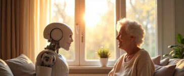 Ein strahlend heller, natürlicher Moment in einem modernen Wohnzimmer: Ein freundlicher humanoider Roboter mit fein gearbeiteten mechanischen Details interagiert lächelnd und mit warmem Blick auf Augenhöhe mit einer älteren Frau, während sanftes Tageslicht durch große Fenster fällt und eine harmonische Atmosphäre voller Vertrauen und Zuversicht schafft.
