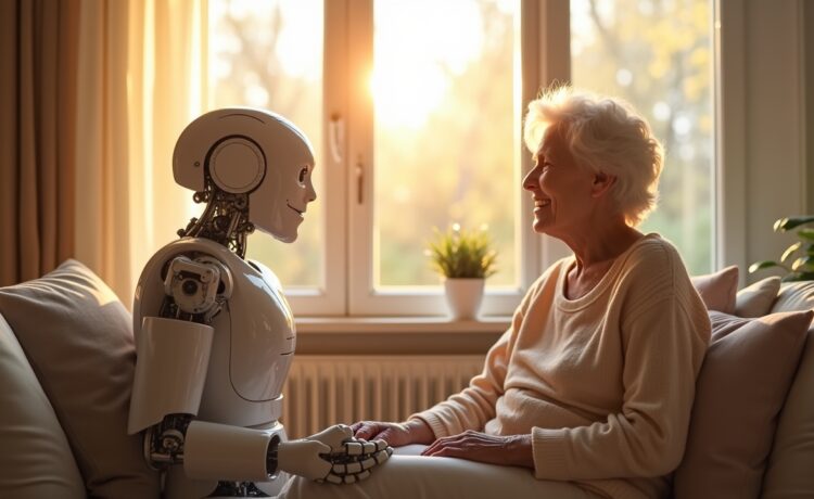 Ein strahlend heller, natürlicher Moment in einem modernen Wohnzimmer: Ein freundlicher humanoider Roboter mit fein gearbeiteten mechanischen Details interagiert lächelnd und mit warmem Blick auf Augenhöhe mit einer älteren Frau, während sanftes Tageslicht durch große Fenster fällt und eine harmonische Atmosphäre voller Vertrauen und Zuversicht schafft.