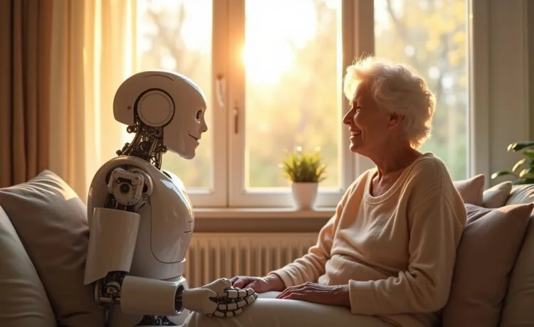 Ein strahlend heller, natürlicher Moment in einem modernen Wohnzimmer: Ein freundlicher humanoider Roboter mit fein gearbeiteten mechanischen Details interagiert lächelnd und mit warmem Blick auf Augenhöhe mit einer älteren Frau, während sanftes Tageslicht durch große Fenster fällt und eine harmonische Atmosphäre voller Vertrauen und Zuversicht schafft.