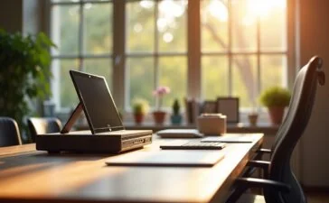 Ein modernes, hell ausgeleuchtetes Büro mit warmem Tageslicht durch große Fenster, im Vordergrund liegt elegant der schlanke HP Mini-PC im Tastaturformat auf einem aufgeräumten Holztisch, umgeben von dezenten Tech-Accessoires und sanften Farbtönen, die eine einladende Atmosphäre für kreatives und mobiles Arbeiten schaffen.