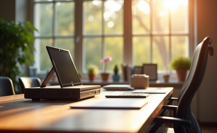 Ein modernes, hell ausgeleuchtetes Büro mit warmem Tageslicht durch große Fenster, im Vordergrund liegt elegant der schlanke HP Mini-PC im Tastaturformat auf einem aufgeräumten Holztisch, umgeben von dezenten Tech-Accessoires und sanften Farbtönen, die eine einladende Atmosphäre für kreatives und mobiles Arbeiten schaffen.