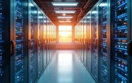 Ein hell erleuchteter, moderner Rechenzentrumsraum mit glänzenden Serverracks, in denen innovative Flüssigkeitskühlungssysteme durch transparente Rohrleitungen zu sehen sind, eingefangen in warmem Tageslicht, das eine freundliche und zukunftsorientierte Atmosphäre voller Fortschritt und nachhaltiger Technologie vermittelt.