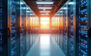 Ein hell erleuchteter, moderner Rechenzentrumsraum mit glänzenden Serverracks, in denen innovative Flüssigkeitskühlungssysteme durch transparente Rohrleitungen zu sehen sind, eingefangen in warmem Tageslicht, das eine freundliche und zukunftsorientierte Atmosphäre voller Fortschritt und nachhaltiger Technologie vermittelt.