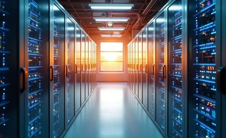 Ein hell erleuchteter, moderner Rechenzentrumsraum mit glänzenden Serverracks, in denen innovative Flüssigkeitskühlungssysteme durch transparente Rohrleitungen zu sehen sind, eingefangen in warmem Tageslicht, das eine freundliche und zukunftsorientierte Atmosphäre voller Fortschritt und nachhaltiger Technologie vermittelt.