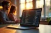 Ein warm beleuchteter, moderner Arbeitsplatz mit einem offenstehenden Laptop, auf dem Visual Studio Code in hellem Design zu sehen ist, umgeben von fröhlich konzentrierten Entwicklern in entspannter Atmosphäre bei natürlichem Tageslicht, das eine positive Stimmung und Innovationsfreude vermittelt.