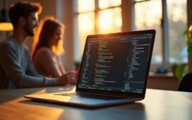 Ein warm beleuchteter, moderner Arbeitsplatz mit einem offenstehenden Laptop, auf dem Visual Studio Code in hellem Design zu sehen ist, umgeben von fröhlich konzentrierten Entwicklern in entspannter Atmosphäre bei natürlichem Tageslicht, das eine positive Stimmung und Innovationsfreude vermittelt.