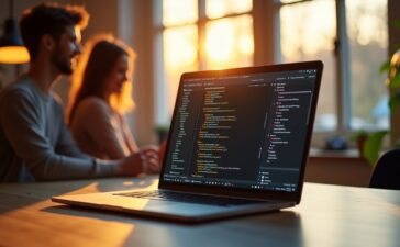 Ein warm beleuchteter, moderner Arbeitsplatz mit einem offenstehenden Laptop, auf dem Visual Studio Code in hellem Design zu sehen ist, umgeben von fröhlich konzentrierten Entwicklern in entspannter Atmosphäre bei natürlichem Tageslicht, das eine positive Stimmung und Innovationsfreude vermittelt.