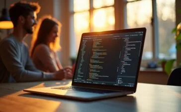Ein warm beleuchteter, moderner Arbeitsplatz mit einem offenstehenden Laptop, auf dem Visual Studio Code in hellem Design zu sehen ist, umgeben von fröhlich konzentrierten Entwicklern in entspannter Atmosphäre bei natürlichem Tageslicht, das eine positive Stimmung und Innovationsfreude vermittelt.