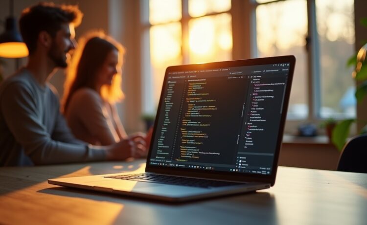 Ein warm beleuchteter, moderner Arbeitsplatz mit einem offenstehenden Laptop, auf dem Visual Studio Code in hellem Design zu sehen ist, umgeben von fröhlich konzentrierten Entwicklern in entspannter Atmosphäre bei natürlichem Tageslicht, das eine positive Stimmung und Innovationsfreude vermittelt.