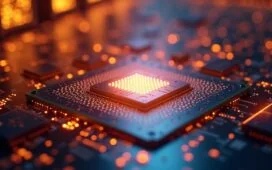 Ein warm ausgeleuchtetes, modernes Rechenzentrum mit futuristischen photonischen Chip-Modulen auf glänzenden Leiterplatten, umgeben von sanftem Tageslicht, das die innovative, energieeffiziente Technologie in einem einladenden und zukunftsorientierten Ambiente inszeniert.