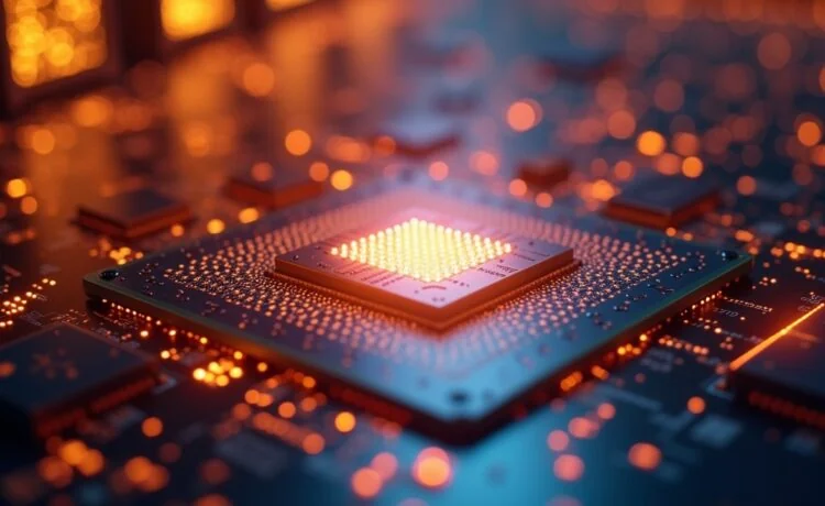 Ein warm ausgeleuchtetes, modernes Rechenzentrum mit futuristischen photonischen Chip-Modulen auf glänzenden Leiterplatten, umgeben von sanftem Tageslicht, das die innovative, energieeffiziente Technologie in einem einladenden und zukunftsorientierten Ambiente inszeniert.