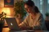 Ein warm beleuchtetes, modernes Home-Office mit entspannter, nachdenklicher Person mittleren Alters vor einem Laptop, die sorgsam ihre Zugangsdaten prüft, umgeben von natürlichem Tageslicht und dezenten technischen Details, die eine Atmosphäre von Achtsamkeit und digitalem Selbstschutz vermitteln.