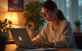 Ein warm beleuchtetes, modernes Home-Office mit entspannter, nachdenklicher Person mittleren Alters vor einem Laptop, die sorgsam ihre Zugangsdaten prüft, umgeben von natürlichem Tageslicht und dezenten technischen Details, die eine Atmosphäre von Achtsamkeit und digitalem Selbstschutz vermitteln.