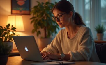 Ein warm beleuchtetes, modernes Home-Office mit entspannter, nachdenklicher Person mittleren Alters vor einem Laptop, die sorgsam ihre Zugangsdaten prüft, umgeben von natürlichem Tageslicht und dezenten technischen Details, die eine Atmosphäre von Achtsamkeit und digitalem Selbstschutz vermitteln.