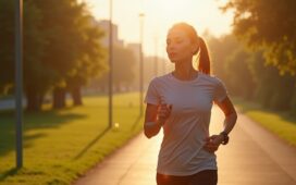 Eine sonnendurchflutete Szene in einem urbanen Park, in der eine dynamische Läuferin mit smartem Fitness-Tracker am Handgelenk lächelnd ihre Laufstrecke beginnt, umgeben von frischem Grün und leichter Morgenstrahlung, die die Atmosphäre warm und einladend macht und den Fortschritt moderner KI-gestützter Trainingswelt spielerisch einfängt.