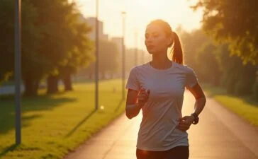 Eine sonnendurchflutete Szene in einem urbanen Park, in der eine dynamische Läuferin mit smartem Fitness-Tracker am Handgelenk lächelnd ihre Laufstrecke beginnt, umgeben von frischem Grün und leichter Morgenstrahlung, die die Atmosphäre warm und einladend macht und den Fortschritt moderner KI-gestützter Trainingswelt spielerisch einfängt.