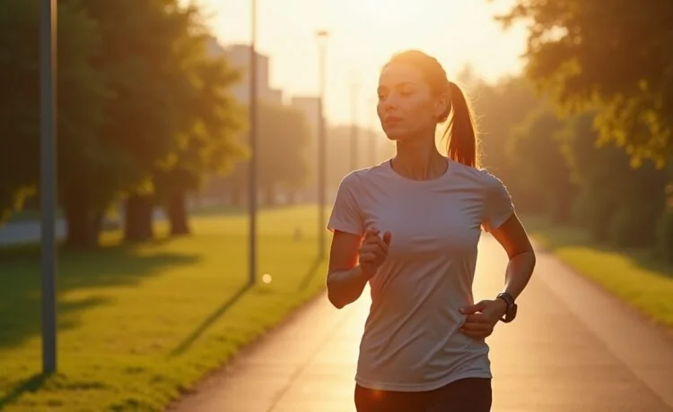 Eine sonnendurchflutete Szene in einem urbanen Park, in der eine dynamische Läuferin mit smartem Fitness-Tracker am Handgelenk lächelnd ihre Laufstrecke beginnt, umgeben von frischem Grün und leichter Morgenstrahlung, die die Atmosphäre warm und einladend macht und den Fortschritt moderner KI-gestützter Trainingswelt spielerisch einfängt.