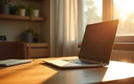Ein modernes, lichtdurchflutetes Büroambiente mit einem stilvollen Ultrabook auf einem hellen Holztisch, umgeben von warmen, sanften Sonnenstrahlen und dezenten High-Tech-Accessoires, die den Fortschritt und die elegante Leistungsfähigkeit der Intel Panther Lake Core-Ultra-300-Generation verkörpern.