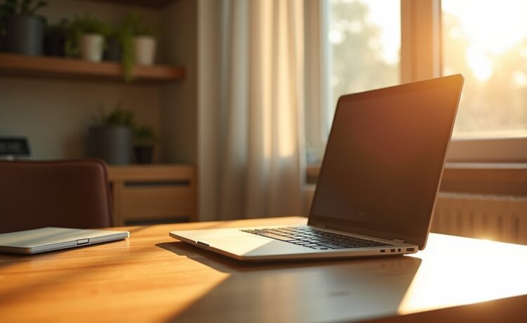 Ein modernes, lichtdurchflutetes Büroambiente mit einem stilvollen Ultrabook auf einem hellen Holztisch, umgeben von warmen, sanften Sonnenstrahlen und dezenten High-Tech-Accessoires, die den Fortschritt und die elegante Leistungsfähigkeit der Intel Panther Lake Core-Ultra-300-Generation verkörpern.