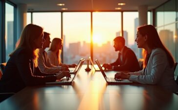 Ein hell erleuchteter, moderner Konferenzraum mit internationalen Geschäftspersonen in freundlicher Atmosphäre, die an Laptops und Tablets arbeiten, während durch große Fenster warmes Tageslicht auf den Tisch mit Netzwerktechnik und digitalen Geräten fällt – ein lebendiges Bild globaler Zusammenarbeit und verantwortungsvoller Datentransfers.