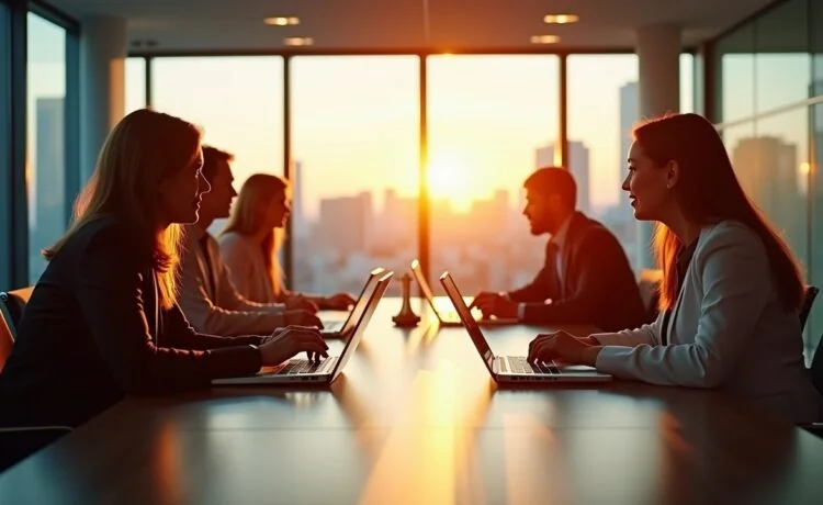 Ein hell erleuchteter, moderner Konferenzraum mit internationalen Geschäftspersonen in freundlicher Atmosphäre, die an Laptops und Tablets arbeiten, während durch große Fenster warmes Tageslicht auf den Tisch mit Netzwerktechnik und digitalen Geräten fällt – ein lebendiges Bild globaler Zusammenarbeit und verantwortungsvoller Datentransfers.