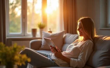 Ein hell erleuchtetes, modernes Wohnzimmer bei Tageslicht, in dem eine freundliche Person entspannt mit einem Tablet neben smarten Geräten wie einem intelligenten Thermostat, einer Kamera und einem digitalen Türschloss sitzt, dabei Vertrauen und behutsame Achtsamkeit symbolisierend, während warme Sonnenstrahlen durch große Fenster den Alltag im vernetzten Zuhause einladend und sicher inszenieren.