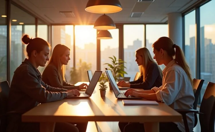 Ein hell erleuchteter moderner Arbeitsplatz mit entspannt fokussierten Entwickler:innen, die gemeinsam an einem Laptop-Codestapel arbeiten, umgeben von warmem Tageslicht und minimalistischer Technik-Ästhetik, die Innovationskraft und Zusammenarbeit im Kotlin-Ökosystem symbolisiert.