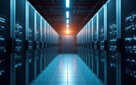 In einem hell erleuchteten, modernen Rechenzentrum steht ein schlankes, futuristisches Server-Rack mit AMDs Helios-Technologie im Fokus, umgeben von warmem Tageslicht und Technikern in freundlicher Arbeitsatmosphäre, die konzentriert den Wettkampf im KI-Hightech-Bereich symbolisiert.