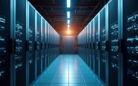 In einem hell erleuchteten, modernen Rechenzentrum steht ein schlankes, futuristisches Server-Rack mit AMDs Helios-Technologie im Fokus, umgeben von warmem Tageslicht und Technikern in freundlicher Arbeitsatmosphäre, die konzentriert den Wettkampf im KI-Hightech-Bereich symbolisiert.