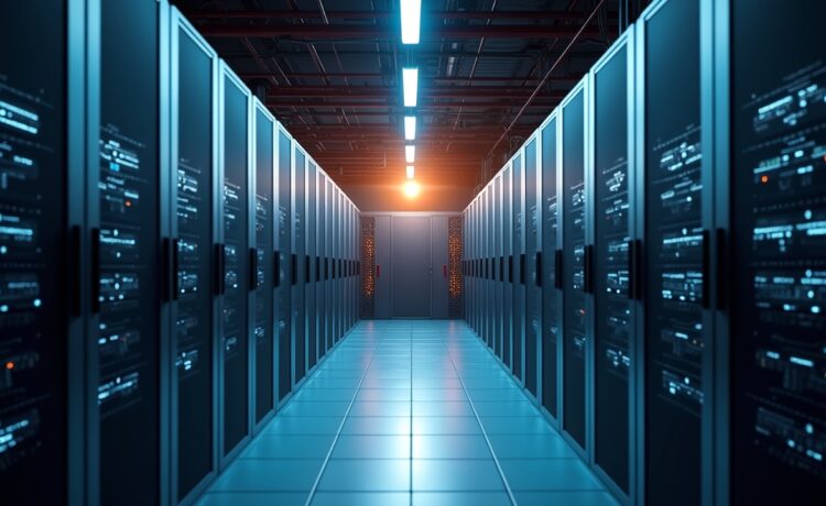 In einem hell erleuchteten, modernen Rechenzentrum steht ein schlankes, futuristisches Server-Rack mit AMDs Helios-Technologie im Fokus, umgeben von warmem Tageslicht und Technikern in freundlicher Arbeitsatmosphäre, die konzentriert den Wettkampf im KI-Hightech-Bereich symbolisiert.