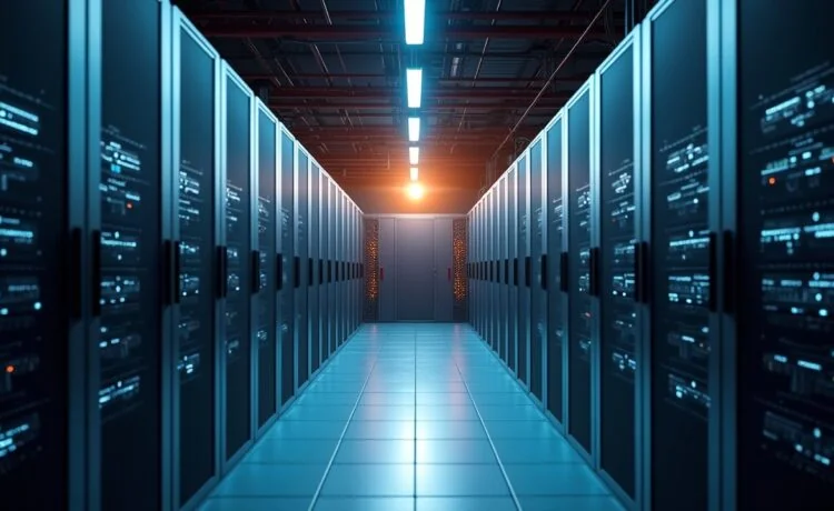 In einem hell erleuchteten, modernen Rechenzentrum steht ein schlankes, futuristisches Server-Rack mit AMDs Helios-Technologie im Fokus, umgeben von warmem Tageslicht und Technikern in freundlicher Arbeitsatmosphäre, die konzentriert den Wettkampf im KI-Hightech-Bereich symbolisiert.