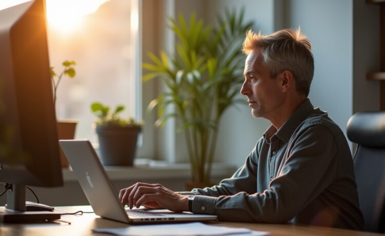 Ein heller, freundlicher Büroraum mit konzentrierter IT-Fachkraft mittleren Alters, die am modern eingerichteten Schreibtisch vor mehreren Bildschirmen sicherheitsrelevante Software-Updates überprüft, während warmes Tageslicht durch ein großes Fenster fällt und eine Atmosphäre von verantwortungsbewusster Wachsamkeit und konstruktiver Problemlösung schafft.