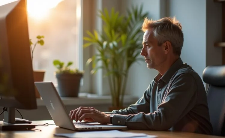 Ein heller, freundlicher Büroraum mit konzentrierter IT-Fachkraft mittleren Alters, die am modern eingerichteten Schreibtisch vor mehreren Bildschirmen sicherheitsrelevante Software-Updates überprüft, während warmes Tageslicht durch ein großes Fenster fällt und eine Atmosphäre von verantwortungsbewusster Wachsamkeit und konstruktiver Problemlösung schafft.