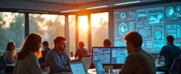 In einem modernen, lichtdurchfluteten Büro mit warmem Tageslicht tauscht ein vielfältiges Team aus motivierten Fachleuten lebhaft Ideen und Skizzen zu digitalen Prozessabläufen aus, während im Hintergrund Bildschirme komplexe, dynamische Datenvisualisierungen anzeigen und so den Übergang von experimenteller KI-Forschung zur produktiven Automatisierung symbolisieren.