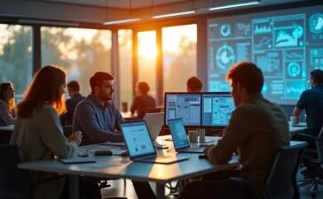 In einem modernen, lichtdurchfluteten Büro mit warmem Tageslicht tauscht ein vielfältiges Team aus motivierten Fachleuten lebhaft Ideen und Skizzen zu digitalen Prozessabläufen aus, während im Hintergrund Bildschirme komplexe, dynamische Datenvisualisierungen anzeigen und so den Übergang von experimenteller KI-Forschung zur produktiven Automatisierung symbolisieren.