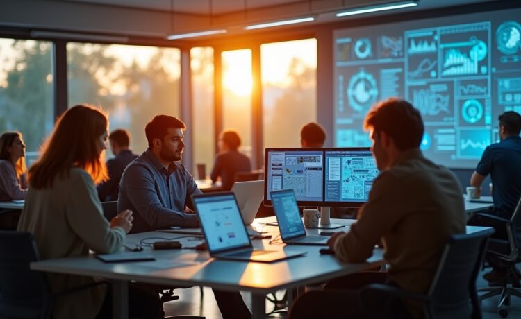 In einem modernen, lichtdurchfluteten Büro mit warmem Tageslicht tauscht ein vielfältiges Team aus motivierten Fachleuten lebhaft Ideen und Skizzen zu digitalen Prozessabläufen aus, während im Hintergrund Bildschirme komplexe, dynamische Datenvisualisierungen anzeigen und so den Übergang von experimenteller KI-Forschung zur produktiven Automatisierung symbolisieren.
