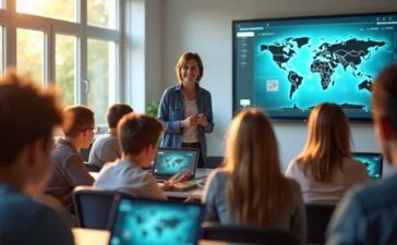 In einem hell erleuchteten, modernen Klassenzimmer sitzt eine vielfältige Gruppe von Lernenden verschiedenen Alters konzentriert vor Laptops, während im Hintergrund eine freundliche Lehrkraft entspannt und unterstützend mit einem kollegialen Lächeln auf einen Bildschirm zeigt, der innovative KI-gestützte Lernplattformen visualisiert – ein lebendiger Moment gemeinsamer Bildung und digitaler Zukunft.