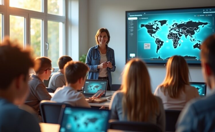In einem hell erleuchteten, modernen Klassenzimmer sitzt eine vielfältige Gruppe von Lernenden verschiedenen Alters konzentriert vor Laptops, während im Hintergrund eine freundliche Lehrkraft entspannt und unterstützend mit einem kollegialen Lächeln auf einen Bildschirm zeigt, der innovative KI-gestützte Lernplattformen visualisiert – ein lebendiger Moment gemeinsamer Bildung und digitaler Zukunft.