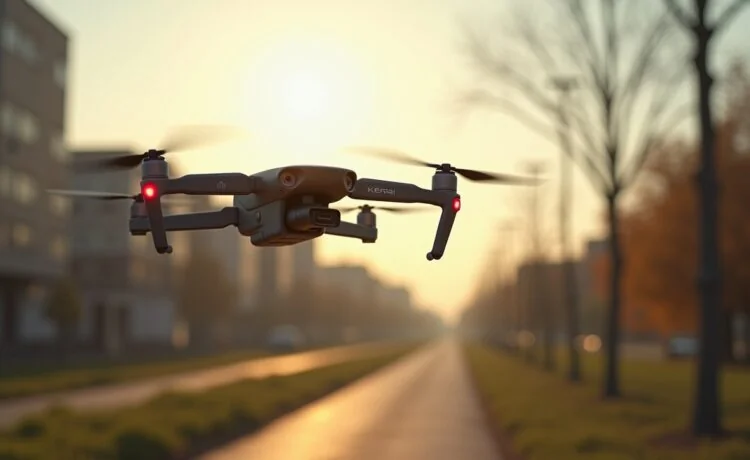 In einem sonnendurchfluteten, urbanen Umfeld gleitet eine moderne Drohne mit dezenten KI-Sensoren dynamisch über eine ruhige Landschaft, während im Hintergrund unscharf strategische Karten und technische Geräte einer mobilen Kommandozentrale schimmern – ein lebendiges Zeugnis technologischer Innovation und entschlossener Präzision im ukrainischen Widerstand.