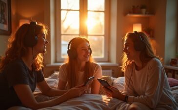 Ein hell erleuchtetes, modernes Jugendzimmer mit jungen Menschen, die entspannt über Kopfhörer miteinander Musik genießen, umgeben von natürlichem Tageslicht und warmen Holztönen, das harmonische Zusammenspiel von Technologie und Kreativität spiegelnd.