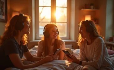 Ein hell erleuchtetes, modernes Jugendzimmer mit jungen Menschen, die entspannt über Kopfhörer miteinander Musik genießen, umgeben von natürlichem Tageslicht und warmen Holztönen, das harmonische Zusammenspiel von Technologie und Kreativität spiegelnd.