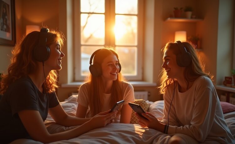 Ein hell erleuchtetes, modernes Jugendzimmer mit jungen Menschen, die entspannt über Kopfhörer miteinander Musik genießen, umgeben von natürlichem Tageslicht und warmen Holztönen, das harmonische Zusammenspiel von Technologie und Kreativität spiegelnd.